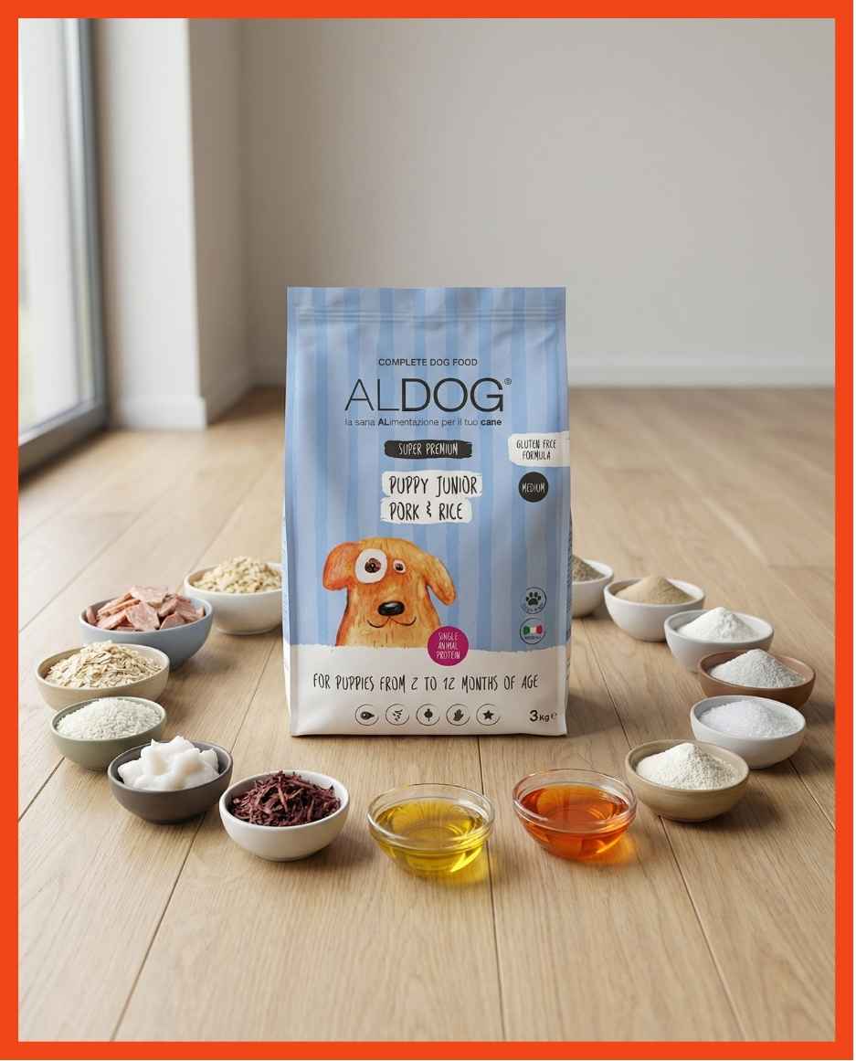 ALDOG Puppy Junior Pork & Rice Medium – složení